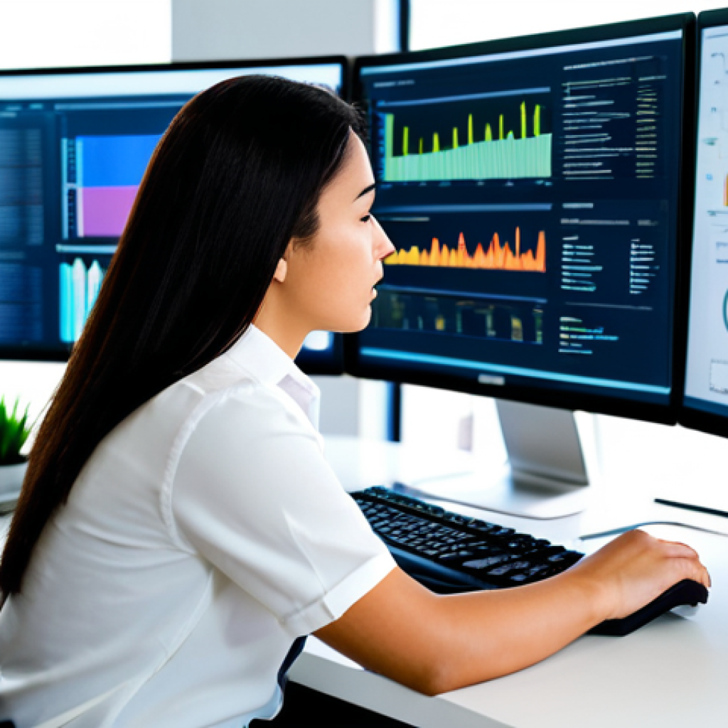 A professional female food safety data analyst in a modest business casual outfit, focused intently on a large monitor displaying complex data visualizations and performance dashboards, with charts indicating process improvements and cost savings. She is seated at a clean, ergonomic workstation in a brightly lit, modern office environment. The background shows blurred elements of a contemporary tech workspace. fully clothed, modest clothing, appropriate attire, professional dress, safe for work, appropriate content, professional, perfect anatomy, correct proportions, natural pose, well-formed hands, proper finger count, natural body proportions, professional photography, high resolution, sharp focus, vibrant colors, clear details.
