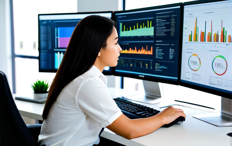 A professional female food safety data analyst in a modest business casual outfit, focused intently on a large monitor displaying complex data visualizations and performance dashboards, with charts indicating process improvements and cost savings. She is seated at a clean, ergonomic workstation in a brightly lit, modern office environment. The background shows blurred elements of a contemporary tech workspace. fully clothed, modest clothing, appropriate attire, professional dress, safe for work, appropriate content, professional, perfect anatomy, correct proportions, natural pose, well-formed hands, proper finger count, natural body proportions, professional photography, high resolution, sharp focus, vibrant colors, clear details.