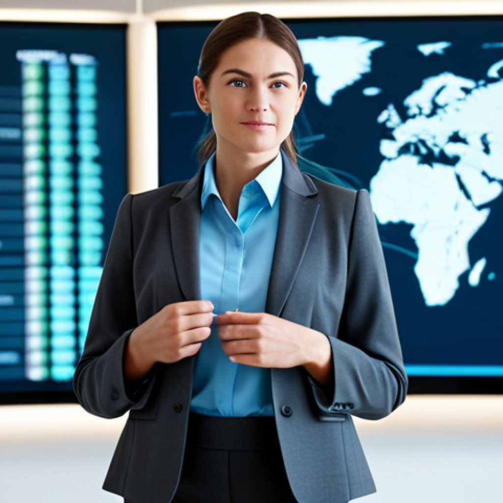 A professional woman in a dark grey, modest, professional business suit, with a neatly collared light blue shirt, standing confidently in a sleek, modern corporate office board room. Behind her, a large digital display shows a blurred, abstract global supply chain network visualization with connecting lines and data points. The room is well-lit with natural light filtering through large windows. High-resolution, photorealistic, professional photography, cinematic lighting, sharp focus, fully clothed, appropriate attire, modest clothing, safe for work, appropriate content, professional, perfect anatomy, correct proportions, natural pose, well-formed hands, proper finger count, natural body proportions, family-friendly.
