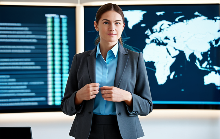 A professional woman in a dark grey, modest, professional business suit, with a neatly collared light blue shirt, standing confidently in a sleek, modern corporate office board room. Behind her, a large digital display shows a blurred, abstract global supply chain network visualization with connecting lines and data points. The room is well-lit with natural light filtering through large windows. High-resolution, photorealistic, professional photography, cinematic lighting, sharp focus, fully clothed, appropriate attire, modest clothing, safe for work, appropriate content, professional, perfect anatomy, correct proportions, natural pose, well-formed hands, proper finger count, natural body proportions, family-friendly.