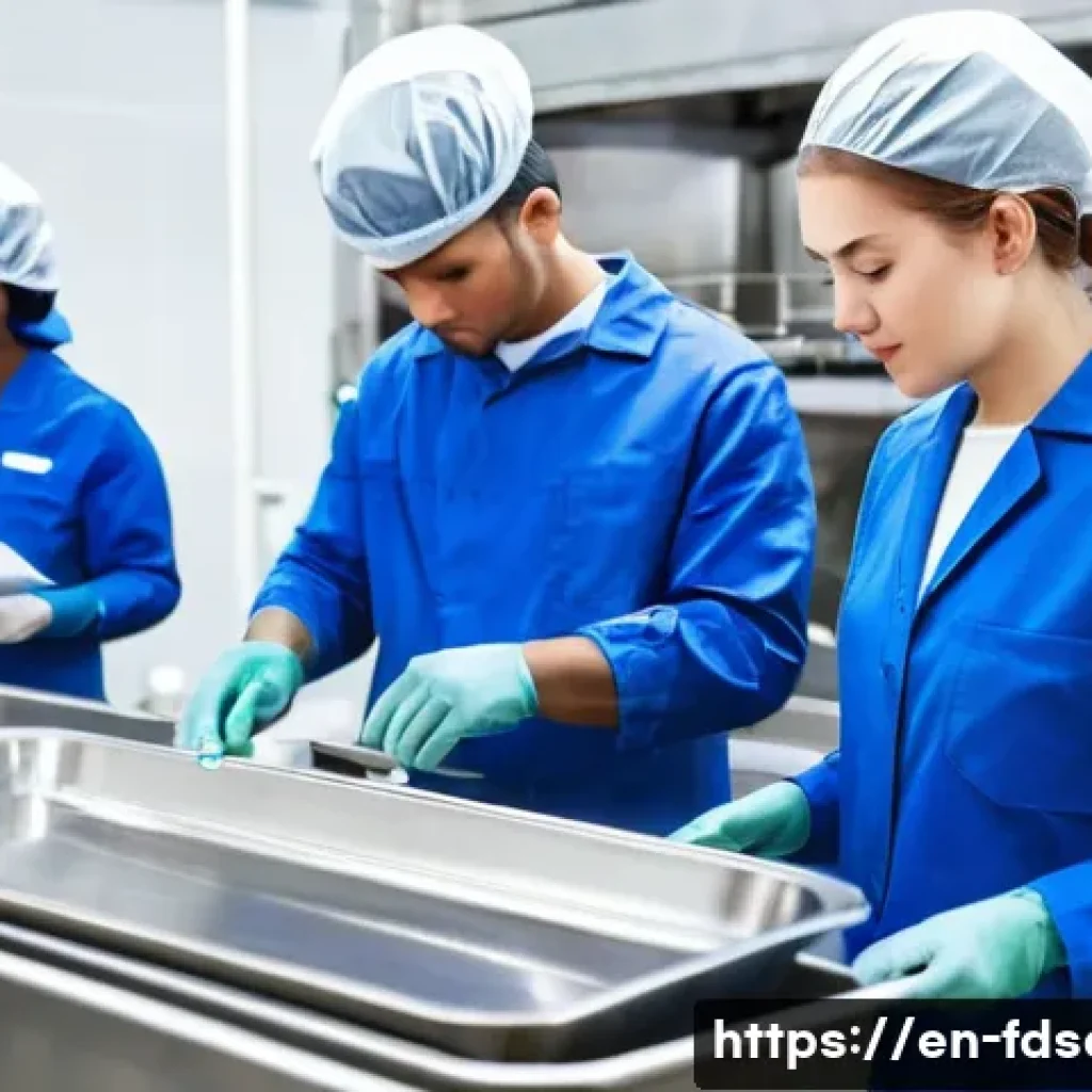 식품위생사 경력개발 로드맵 - A diverse group of food safety professionals in a modern food processing facility, wearing clean uni...
