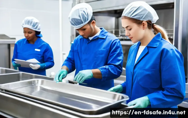 식품위생사 경력개발 로드맵 - A diverse group of food safety professionals in a modern food processing facility, wearing clean uni...