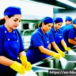 Home 22 식품위생사 자격증 난이도 평가 - A busy professional kitchen scene showing diverse food handlers wearing clean uniforms and hairnets,...