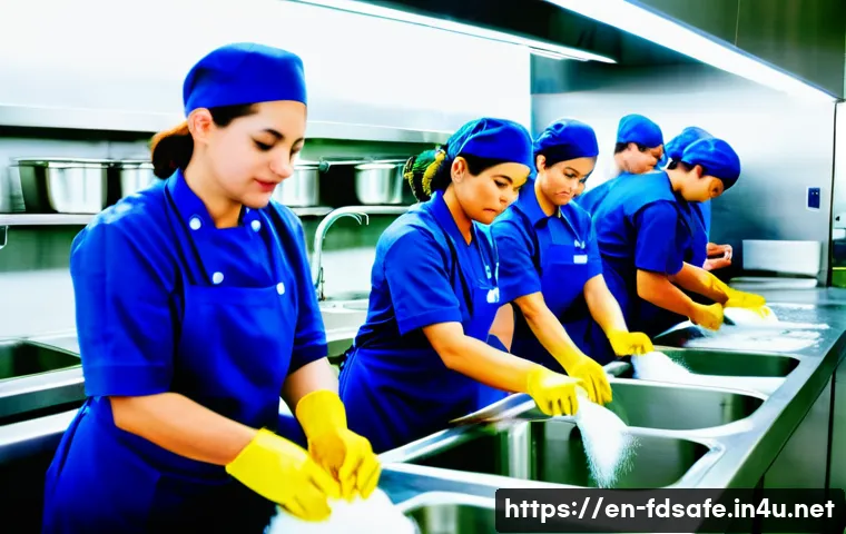 식품위생사 자격증 난이도 평가 - A busy professional kitchen scene showing diverse food handlers wearing clean uniforms and hairnets,...