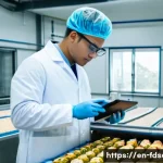 Home 21 식품위생사 자격증으로 가능한 해외 취업 - A professional food safety inspector wearing a clean white lab coat and gloves, inspecting packaged ...
