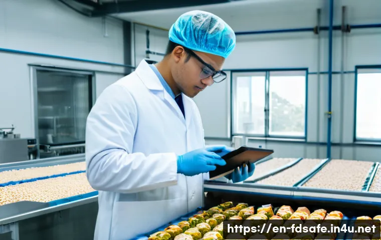 식품위생사 자격증으로 가능한 해외 취업 - A professional food safety inspector wearing a clean white lab coat and gloves, inspecting packaged ...