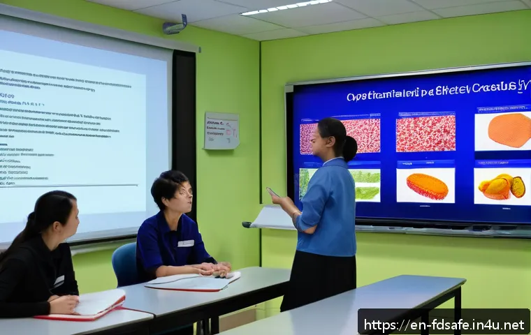 식품위생사 시험 준비를 위한 스터디 팁 - A detailed educational scene showing a professional food safety instructor in a modern classroom env...