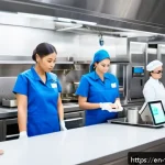 Home 19 식품위생사 업무와 개인시간 관리 - A modern commercial kitchen scene showing a diverse team of food safety professionals actively engag...