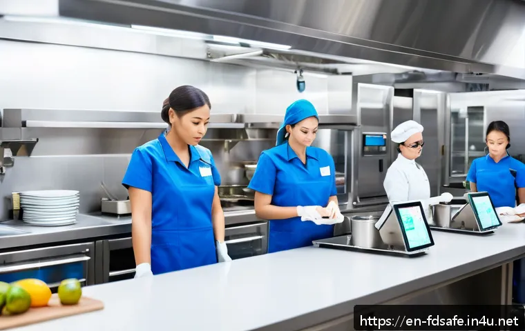 식품위생사 업무와 개인시간 관리 - A modern commercial kitchen scene showing a diverse team of food safety professionals actively engag...