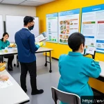Home 18 식품위생사 자격증 취득 후 추가 교육 - A modern classroom setting with diverse adult professionals engaged in a hands-on food safety worksh...