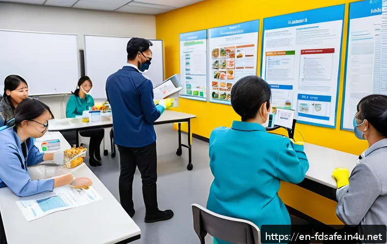 식품위생사 자격증 취득 후 추가 교육 - A modern classroom setting with diverse adult professionals engaged in a hands-on food safety worksh...