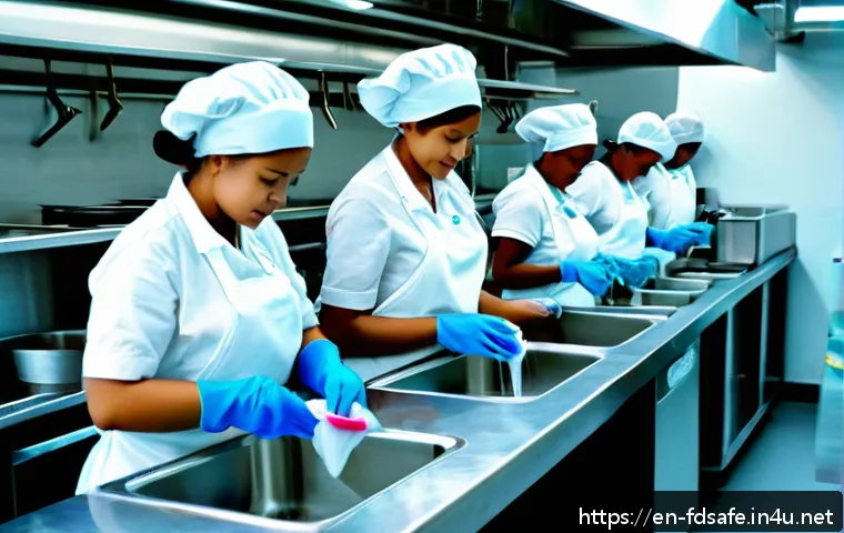 식품위생사 실기시험 세부 평가 기준 - A professional kitchen scene showing a diverse group of food handlers practicing proper handwashing ...