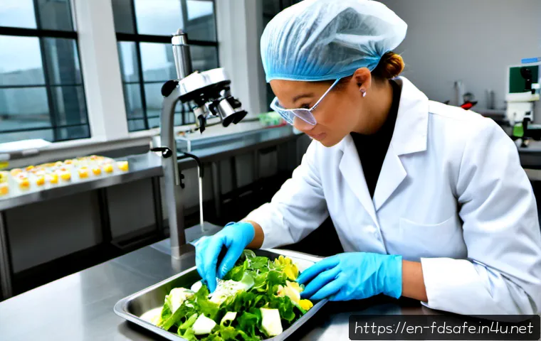 식품위생사 관련 산업 동향 - Photorealistic modern food safety laboratory, a food hygiene specialist in clean white coat, hairnet...
