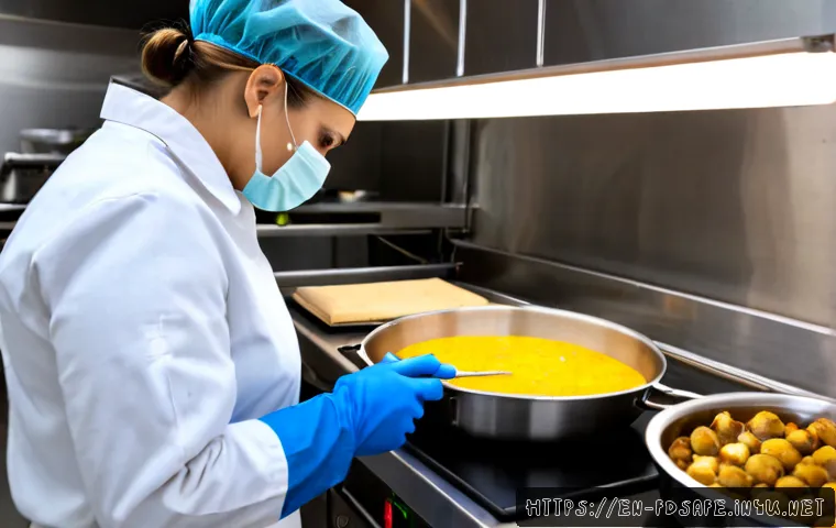 식품위생사 실무에서 자주 쓰는 기술 - Photorealistic commercial kitchen food safety inspection, a food hygiene professional in clean unifo...