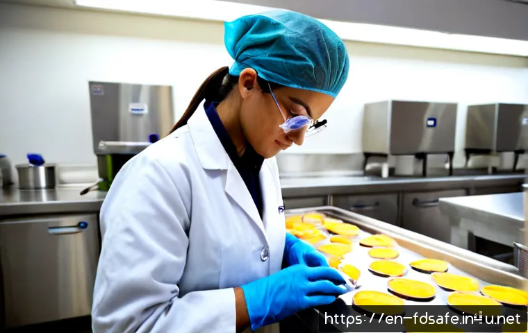 Home 17 식품위생사 자격 취득 후 진로 - Photorealistic food safety professional in a spotless commercial kitchen, wearing a clean white lab ...