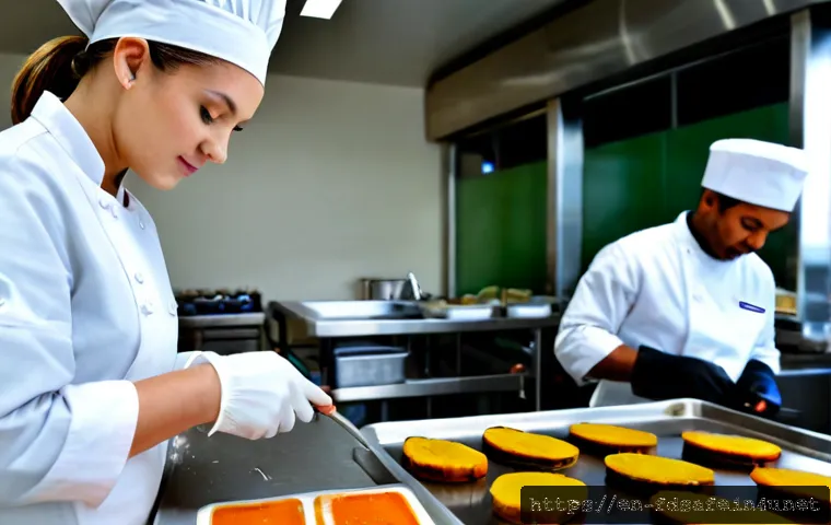 식품위생사 자격증 취득 방법 - Photorealistic bright commercial kitchen training scene, an adult food safety student wearing a clea...